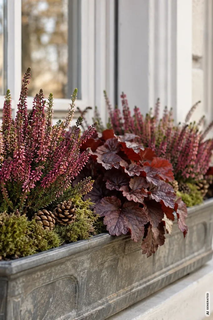 Blumenkasten auf einer Fensterbank mit rosa Winterheide, dunkelroten Purpurglöckchen, Moos und Zapfen.
