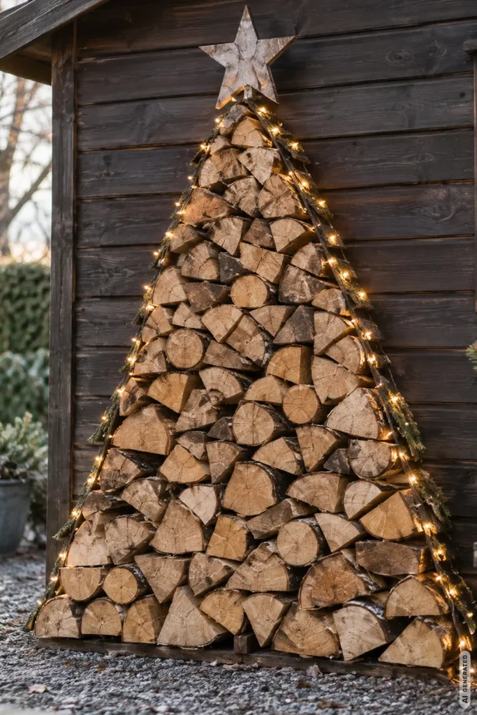 Dreieckiger Weihnachtsbaum aus gestapeltem Brennholz mit Lichterkette und Holzstern vor einer dunklen Gartenhütte.