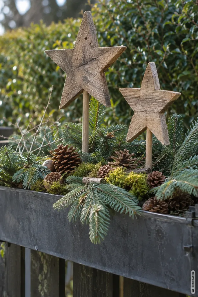Weihnachtlicher Blumenkasten am Gartenzaun mit zwei Holzsternen, Tannengrün, Moos und Kiefernzapfen.