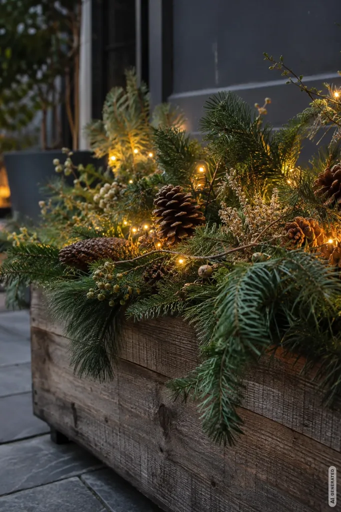 Weihnachtlich dekorierter Blumenkasten aus Holz mit Tannenzweigen, Zapfen und warmweißer LED-Lichterkette.