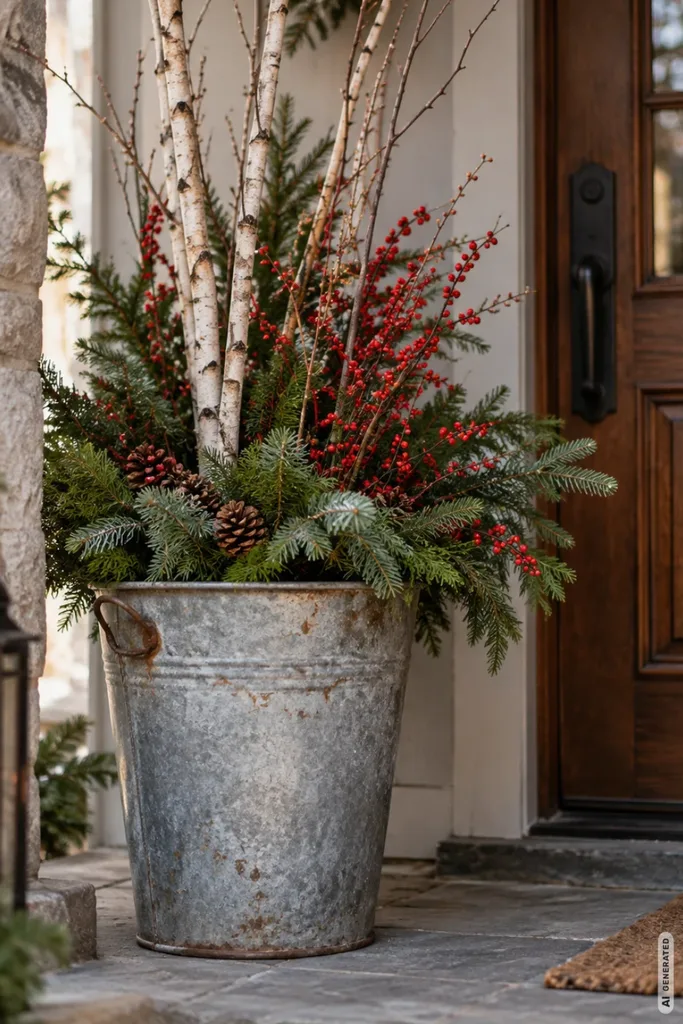 Weihnachtsdeko mit alten Eimern: 5 schöne Ideen ohne teure Anschaffungen Alter Zinkeimer mit Tannengrün, Birkenzweigen und roten Beeren neben einer Haustür.
