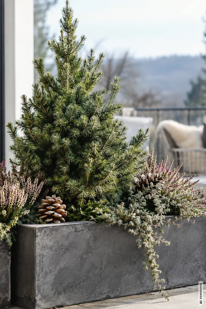 Großer Blumenkasten auf der Terrasse mit kleinem Nadelbaum, Winterheide, Kiefernzapfen und winterlichem Grün.