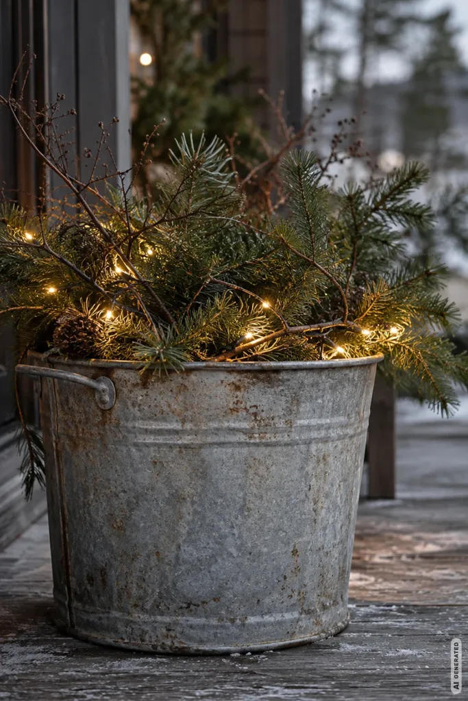 Weihnachtsdeko mit alten Eimern: 5 schöne Ideen ohne teure Anschaffungen Verzinkter Eimer mit Tannenzweigen und warmen Lichtern auf einer winterlichen Holzterrasse.