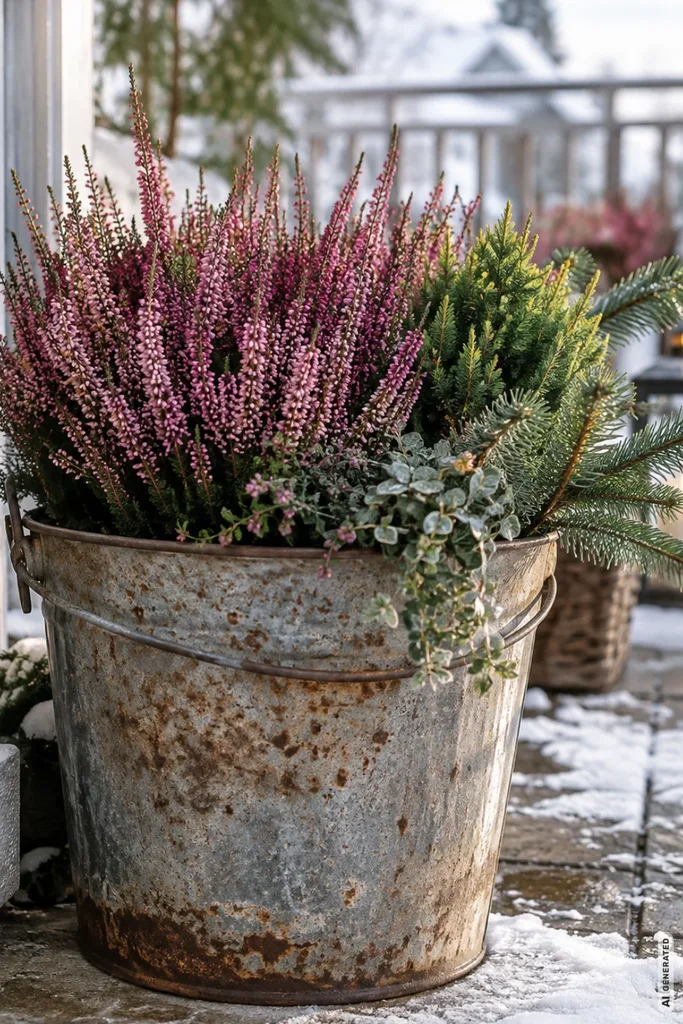 Weihnachtsdeko mit alten Eimern: 5 schöne Ideen ohne teure Anschaffungen Rostiger Metalleimer mit Winterheide, Tannengrün und kleinen Pflanzen auf verschneiter Terrasse.