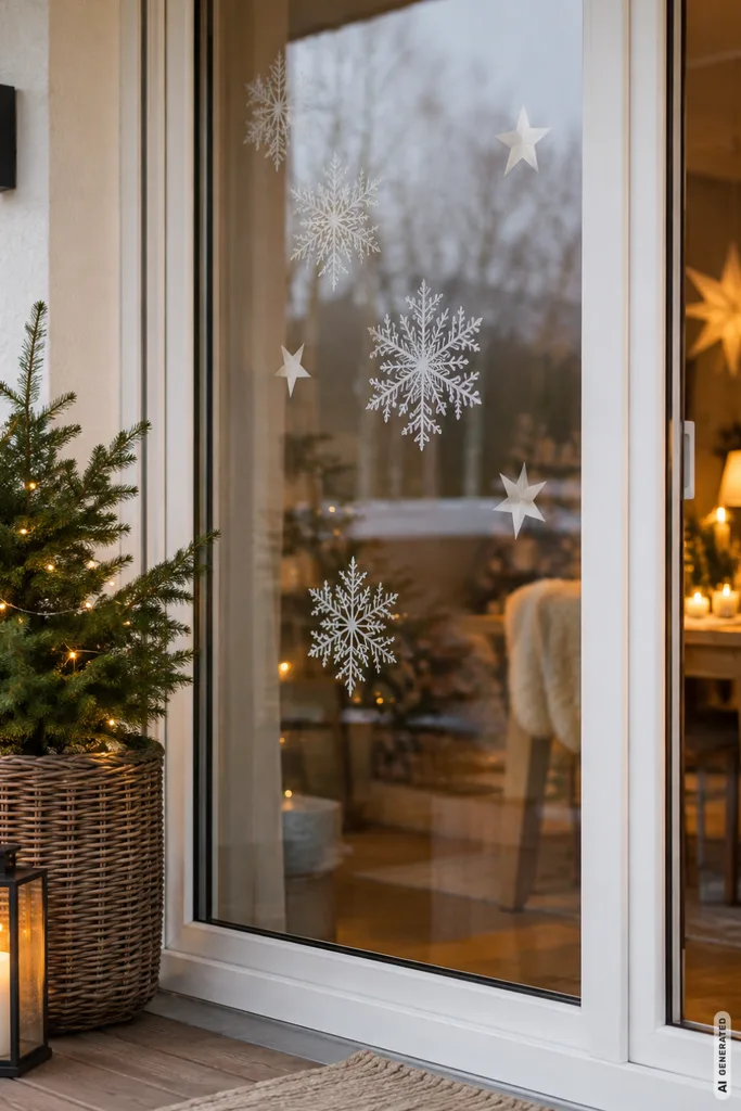 Weihnachtsdeko für die Terrassentür mit weißen Schneeflocken, Sternen und beleuchtetem Tannenbaum im Korb.