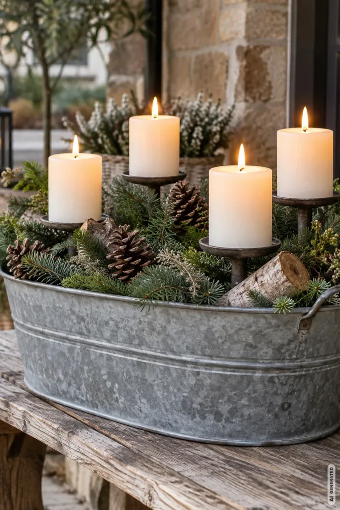 Zinkwanne als Adventsgesteck mit vier leuchtenden Kerzen, Tannengrün, Zapfen und Birkenholz auf einer Holzbank.