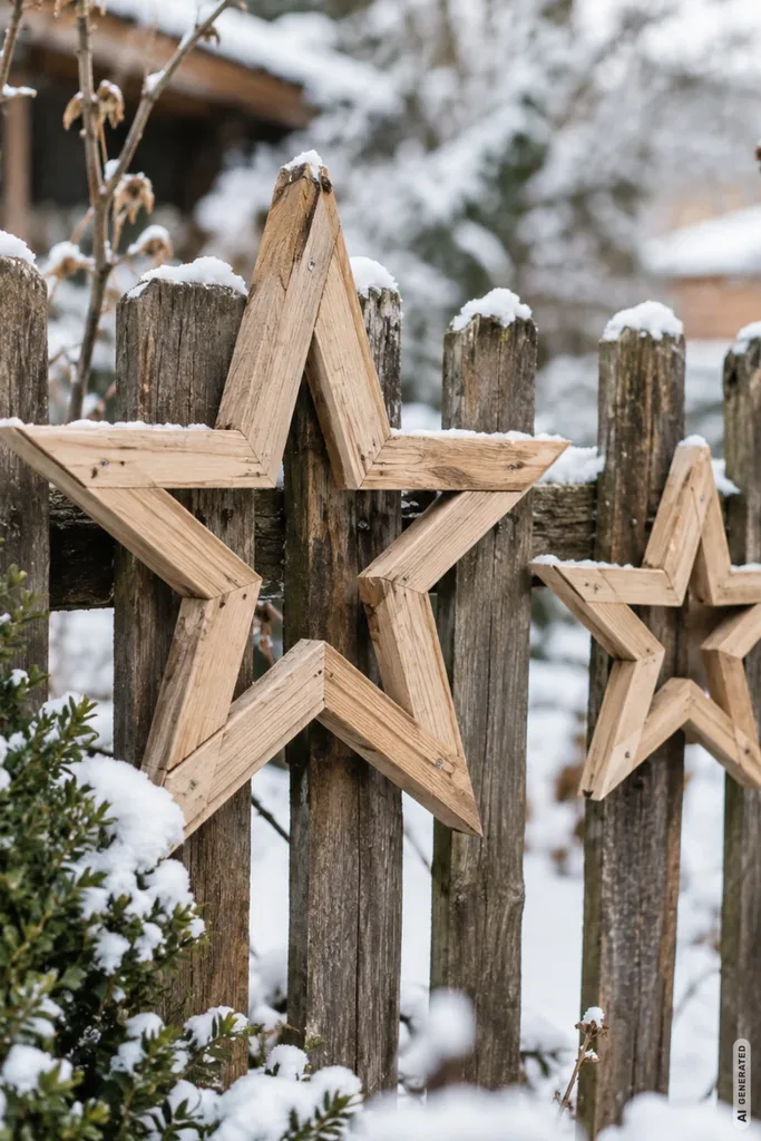 Weihnachtsdeko für den Gartenzaun: 5 einfache Ideen, die kahle Zäune verschönern Zwei unterschiedlich große Weihnachtssterne aus Holzleisten an einem verschneiten, rustikalen Gartenzaun.