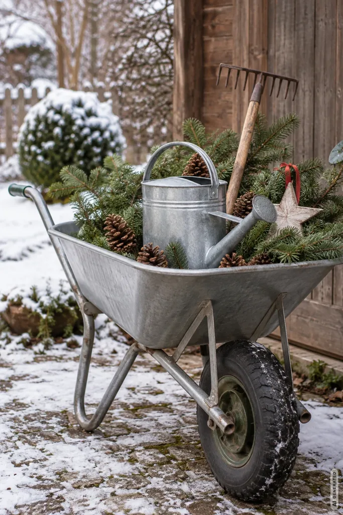 Schubkarre mit Gießkanne, Rechen, Tannenzweigen, Zapfen und Holzstern als Weihnachtsdeko im Garten.