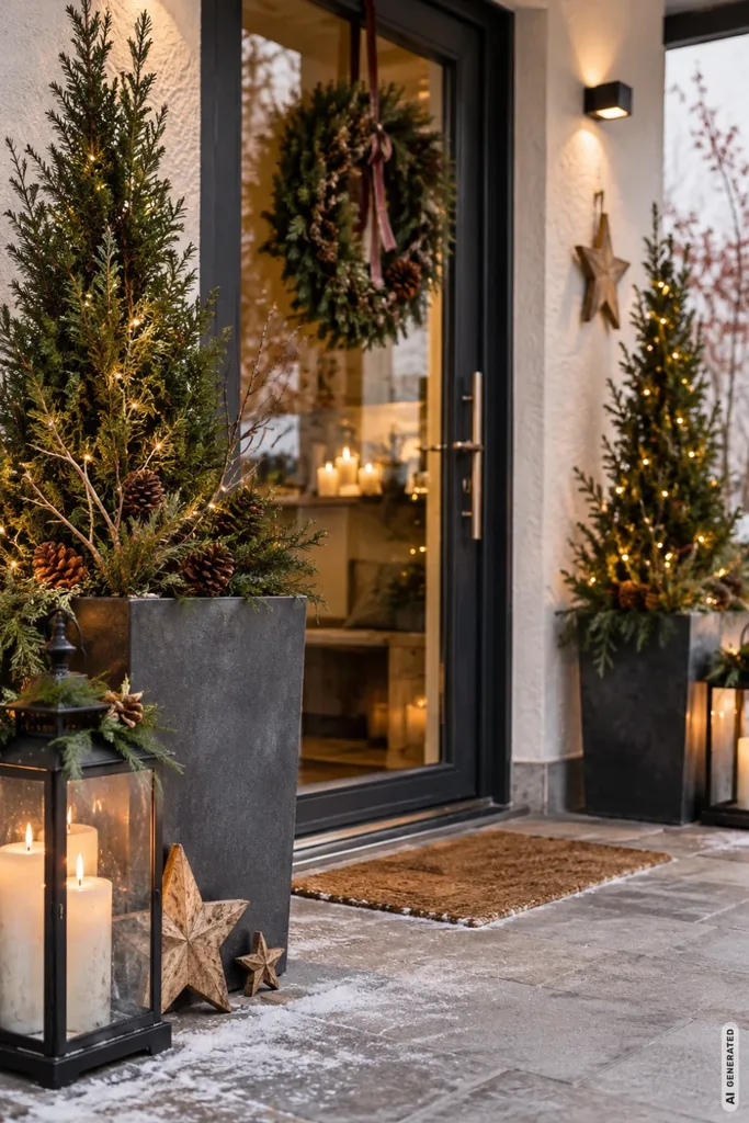 Weihnachtsdeko für die Terrasse: 5 Ideen, die auch vom Wohnzimmer aus schön wirken Weihnachtsdeko für die Terrasse mit eingerahmter Terrassentür, Tannengrün, Laternen und warmem Licht.