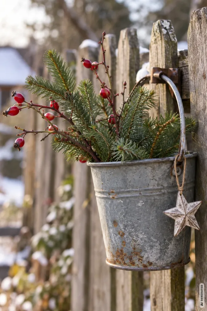 Weihnachtsdeko mit alten Eimern: 5 schöne Ideen ohne teure Anschaffungen Kleiner Metalleimer mit Tannengrün und roten Beeren hängt an einem alten Holzzaun.