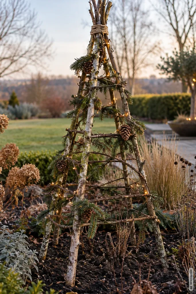Pyramide aus Birkenästen mit Tannengrün, Zapfen und Lichterkette zwischen vertrockneten Stauden im Garten.