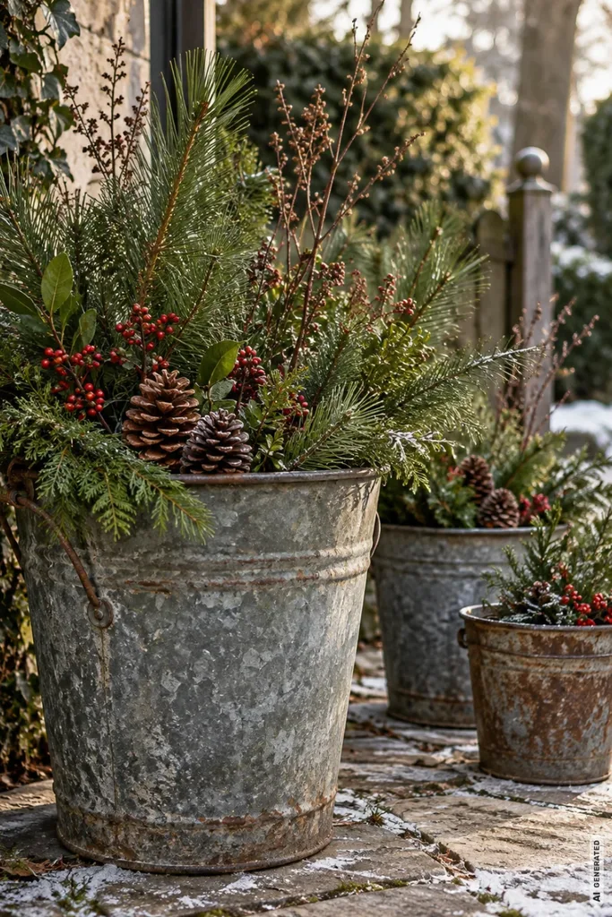 Weihnachtsdeko mit alten Eimern: 5 schöne Ideen ohne teure Anschaffungen Drei alte Eimer mit Tannengrün, Beeren und Zapfen als winterliches Arrangement im Garten.
