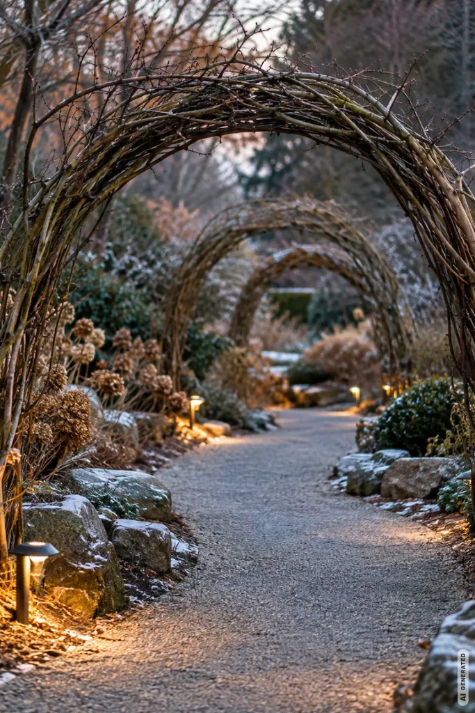 Winterlicher Kiesweg mit mehreren Bögen aus verflochtenen Zweigen, kleinen Gartenleuchten und Schnee.