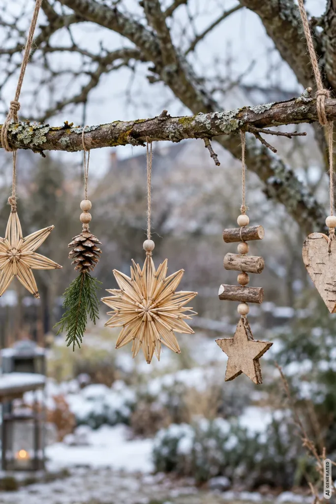 Hängender Ast mit Strohsternen, Tannenzapfen und Holzanhängern vor einem verschneiten Garten.