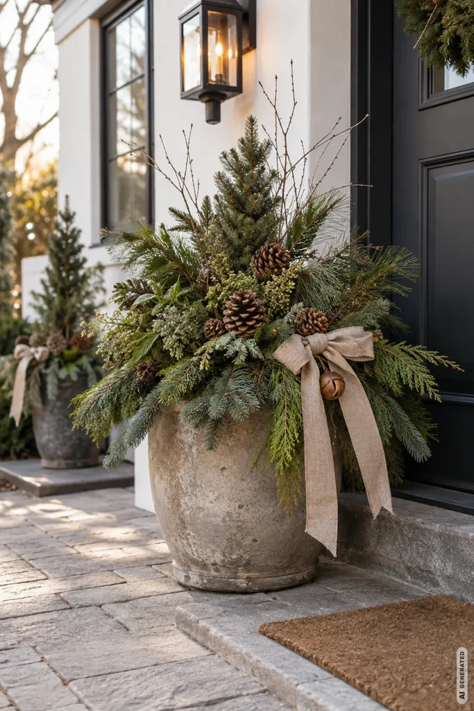 Weihnachtsdeko für den Vorgarten: 5 Ideen, die schnell und günstig gemacht sind Weihnachtsdeko für den Vorgarten mit großem Pflanztopf, Tannengrün, Zapfen und Schleife vor der Haustür.