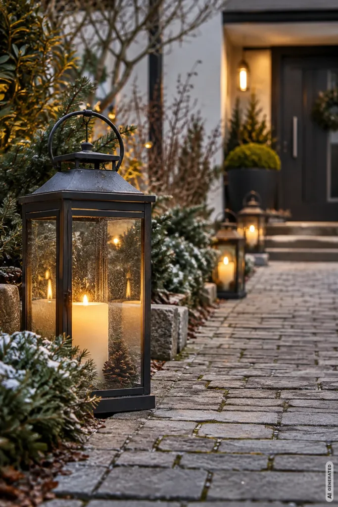 Weihnachtsdeko für den Vorgarten: 5 Ideen, die schnell und günstig gemacht sind Weihnachtsdeko im Vorgarten mit schwarzen Laternen und warmweißen LED-Kerzen entlang eines gepflasterten Gartenwegs.