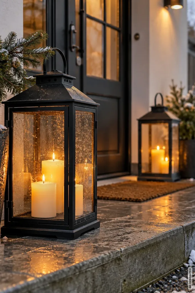 Wetterfeste Weihnachtsdeko: 5 robuste Ideen für einen ungeschützten Hauseingang Zwei schwarze Metalllaternen mit warm leuchtenden Kerzen vor einer Haustür auf nassem Steinboden.