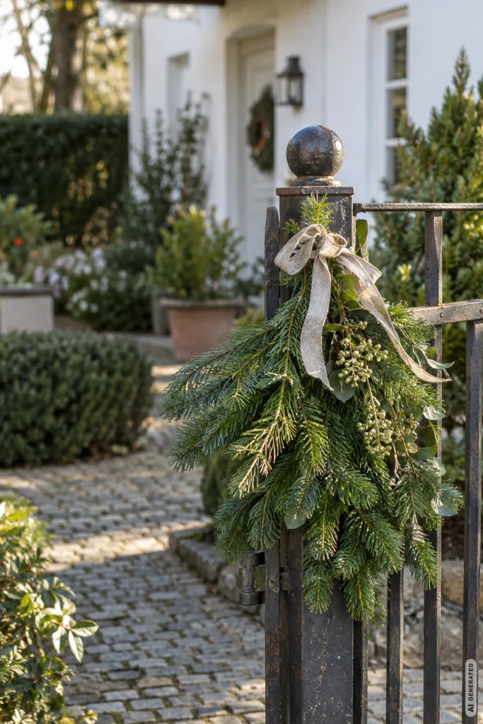 Weihnachtsdeko für den Vorgarten: 5 Ideen, die schnell und günstig gemacht sind Weihnachtlich dekoriertes Gartentor im Vorgarten mit Tannenzweigen und heller Schleife an einem Metallpfosten.