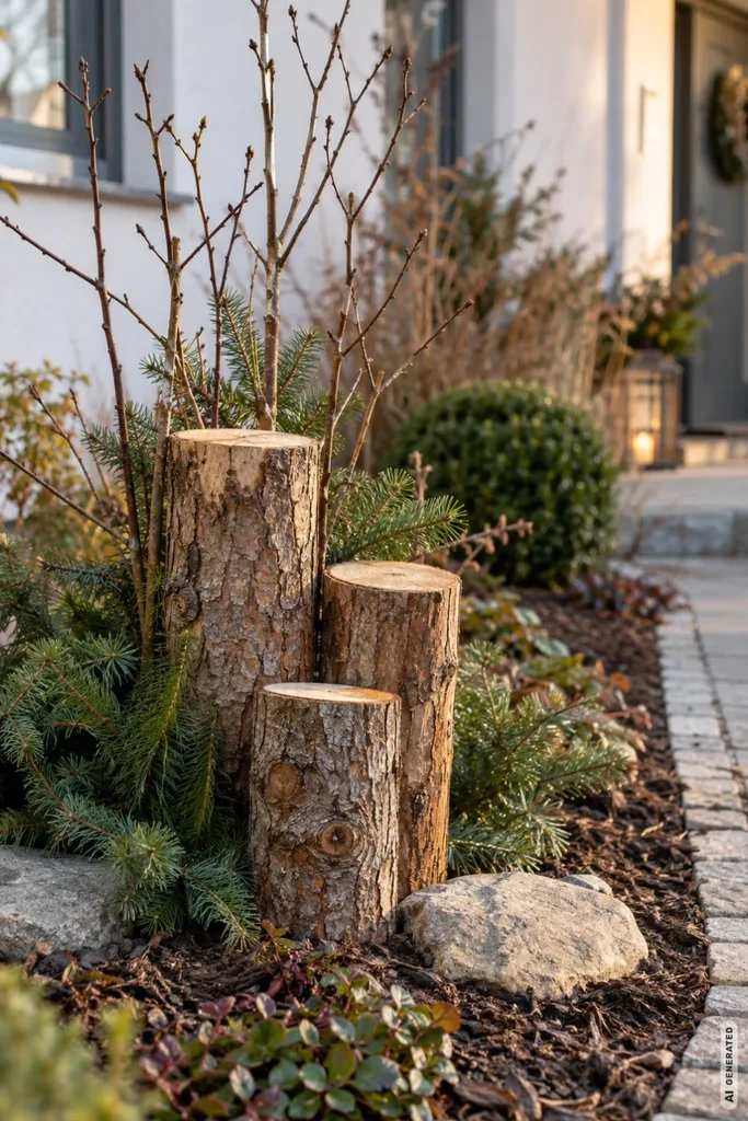 Weihnachtsdeko für den Vorgarten: 5 Ideen, die schnell und günstig gemacht sind Günstige Weihnachtsdeko im Vorgarten aus drei Holzscheiten, Tannengrün und kahlen Zweigen im Blumenbeet.