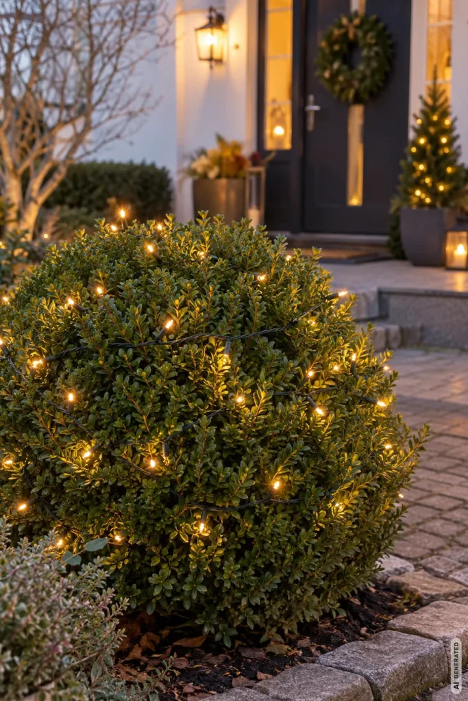 Weihnachtsdeko für den Vorgarten: 5 Ideen, die schnell und günstig gemacht sind Weihnachtsdeko im Vorgarten mit beleuchtetem Buchsbaum und warmweißer LED-Lichterkette vor dem Hauseingang.