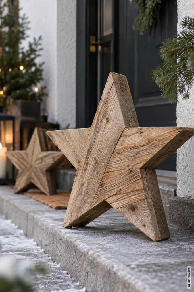 Wetterfeste Weihnachtsdeko: 5 robuste Ideen für einen ungeschützten Hauseingang Zwei rustikale Weihnachtssterne aus Holz auf steinernen Stufen vor einer dunklen Haustür.