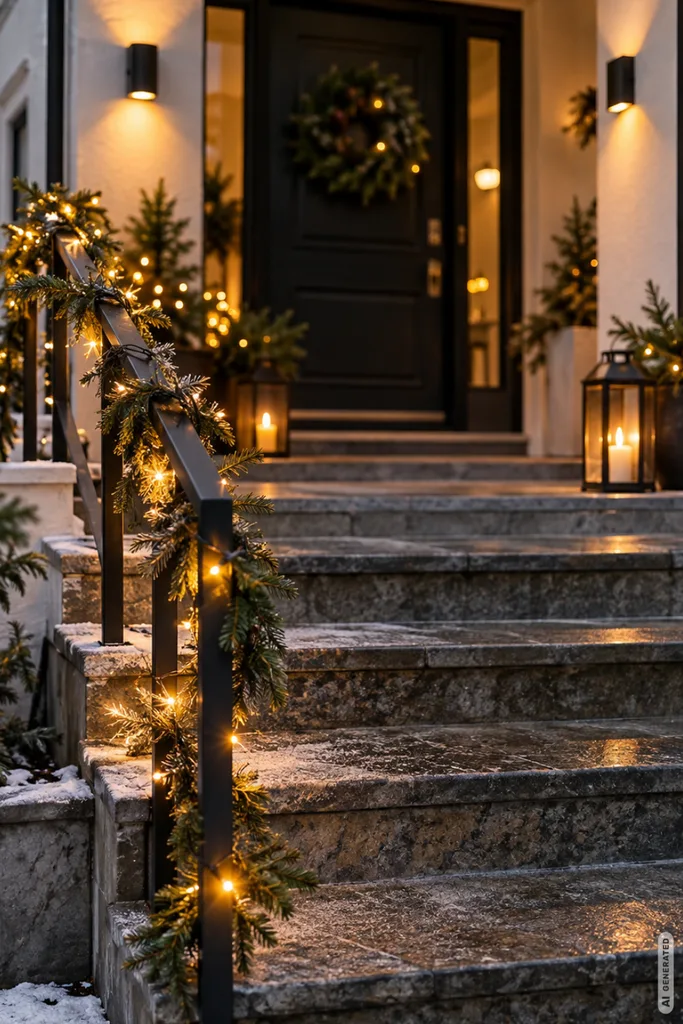 Wetterfeste Weihnachtsdeko: 5 robuste Ideen für einen ungeschützten Hauseingang Weihnachtlich beleuchtetes Treppengeländer mit Tannengrün und warmweißer Lichterkette vor einer Haustür.