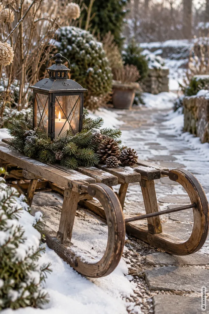 Weihnachtsdeko mit alten Schlitten: 5 Ideen, die auch ohne Schnee schön aussehen Weihnachtsdeko mit altem Holzschlitten, Laterne, Tannengrün und Zapfen an einem verschneiten Gartenweg.